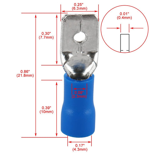 Baomain 1/4" Male Quick disconnects Vinyl Insulated Spade Wire Connector Electrical Crimp Terminal 16-14AWG 6.3mm Blue MDD 2-250 Blue (100PCS)...