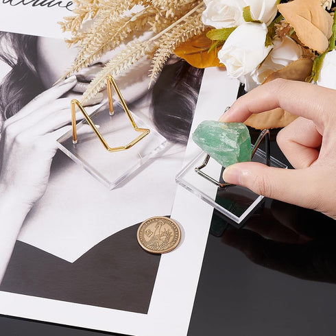 FINGERINSPIRE 2 Pcs Acrylic Stone Display Stand 2x2x1.7 inch Platinum & Golden Metal Arm Display Stand with Acrylic Base Mineral Specimens Display...