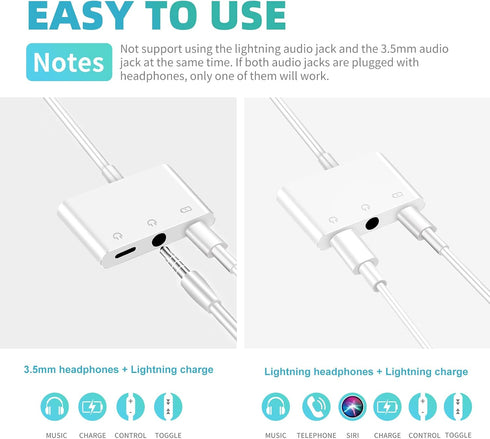 3.5mm Headphone Splitter for iPhone iPad 3 in 1 Earphone Jack Adapter with Fast Charging Lightning Audio Jack Connector Compatible for iPhone 14 1...