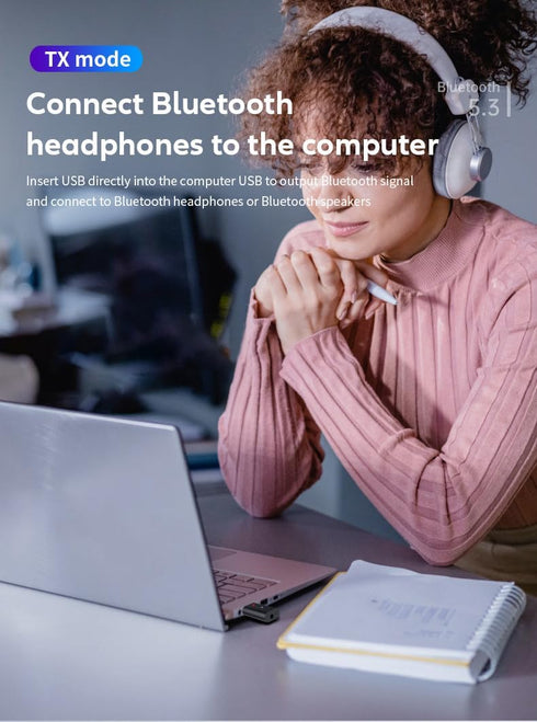 5.3 Transmitter Receiver 2-in-1 USB Adapter, USB Bluetooth Adapter, Wireless Audio Transmitter for TV to Bluetooth Headphones, Low Latency, Power ...