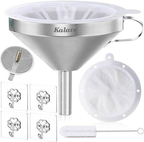 KALAVE Premium Stainless Steel Funnel, 5 Inch Food Grade Kitchen Funnels with 200 Mesh Food Filter Strainer for Filling Bottles, Oils, Juice, Wine...