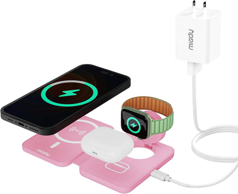 Miady 3 in 1 Charging Station for Apple Magsafe, 18W Magnetic Wireless Charger, Foldable Travel Charger for iPhone 15/14/13/12 Pro Max, for Apple ...