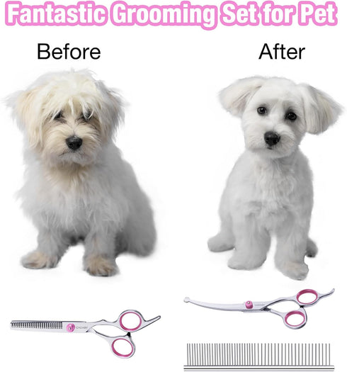 Dog Grooming Scissors Kit with Safety Round Tips, 3 in 1 Professional Dog Grooming Scissors, 4CR Stainless Steel Pet Grooming Shears for Dog, Cat,...