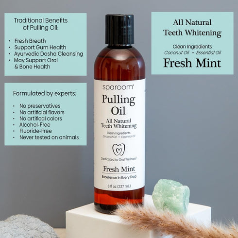 SpaRoom Ayurveda Pulling Oil Mouthwash and Tongue Scraper; Made with Coconut Oil and 7 Essential Oils for Fresh Breath, Teeth Whitening and Gum He...