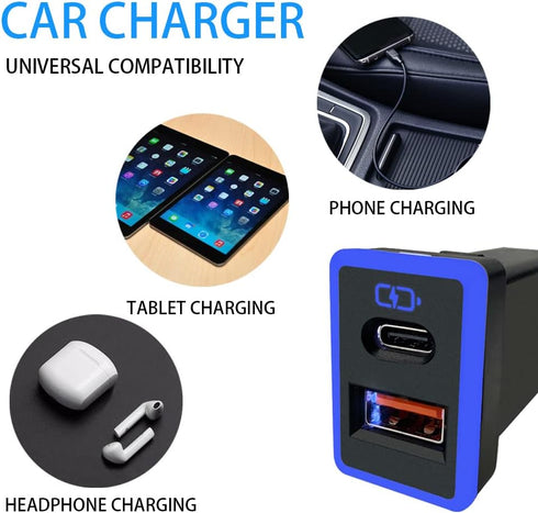 Car Charger PD QC3.0 Fast Charge Type c USB Port Socket Phone Fast Charging, with LED Light Show, for Toyota?Blue-1.3x0.9inch?...