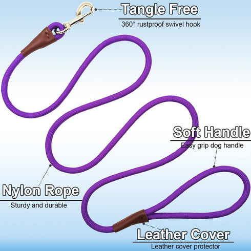 6FT/8FT/10FT Rope Dog Leash, 1/2” Strong Nylon Dog Leash with Leather Tailor Connection, Great for Medium and Large Dogs (1/2" x 6ft, purple)...