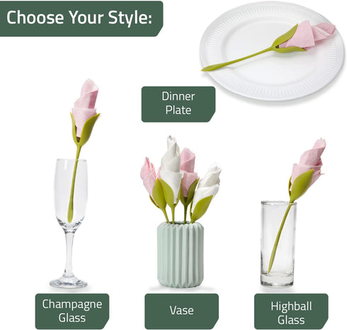 Peleg Design Bloom Napkin Holders for Tables, Set of 4 Green Stemmed Plastic Twist Flower Buds Serviette Holders Plus White Napkins for Making Ori...