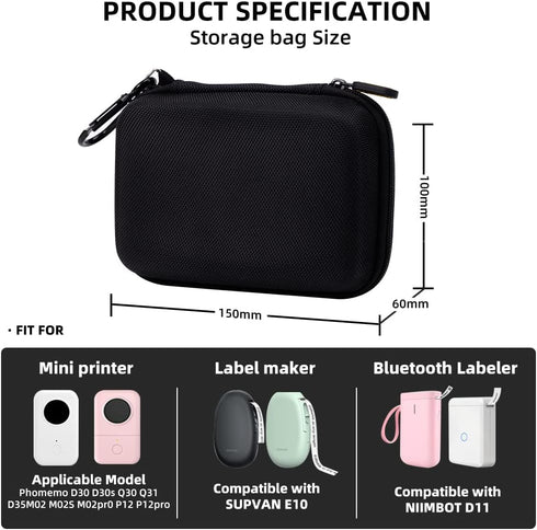 Phomemo D30 D35 Label Marker Black Case with 3 Rolls of White Label Tapes, Waterproof Storage Bag with 12 x 40mm (3/8" x 11/2") 160 Tapes/Roll, Bl...