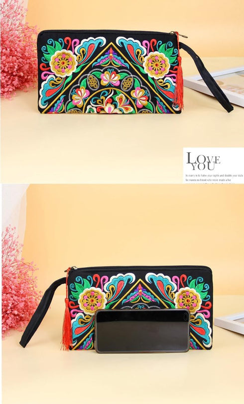 Floral Embroidered Boho Wristlet Women Girls Evening Clutch Bags Handbags Handmade Beach Bag With Lanyard...