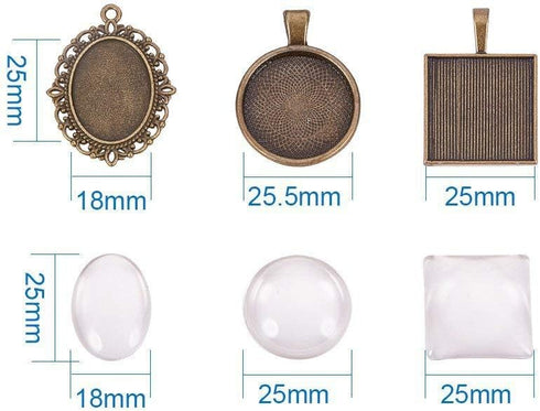 PH PandaHall 60pcs Pendant Trays, 30pcs Photo Charms Pendants Bezel Blanks with 30pcs Glass Cabochon Dome Round Oval Square Tiles for Bouquet Wedd...