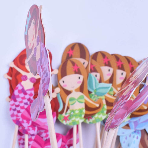 Double sided-Mermaid 24 PCS Handmade Pretty Mermaid Cupcake Toppers Baby Girls Children Kids Toddlers Teens Picnic Birthday Bridal Shower Baby Sho...