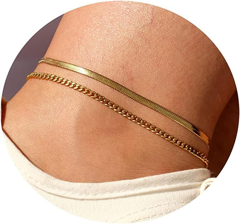 MIDEEO Herringbone Chain Anklet for Women 14K Gold Filled Flat Snake Chain Anklet Dainty Simple Layering Cuban Snake Ankle Bracelet Summer Trendy ...