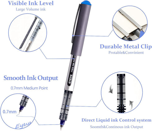 Blue Fine Tip Pen, Bullet Tip Liquid Ink Rollerball Pens, 0.7mm Fine point Pens?Free Ink Roller Fine Tip Pens, Blue Ink Liquid Rollering Pens, 12 ...