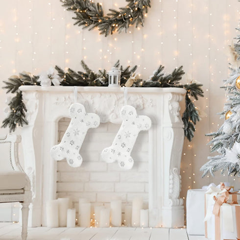Senneny Snowy White Plush Pet Dog Christmas Stocking, Silver Snowflake Sequin Dog Christmas Stockings Large Bone Shape Faux Fur, Hanging Christmas...