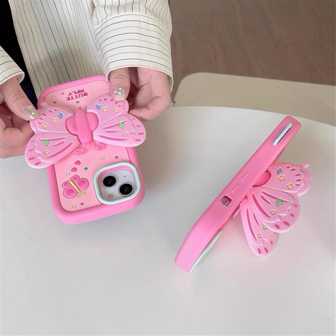 for iPhone 15 Pro Case Cute iPhone 14 Pro Case iPhone 13 Pro Case with Kickstand Stand Holder 3D Butterfly Silicone Girls Women Phone Cases Lens S...
