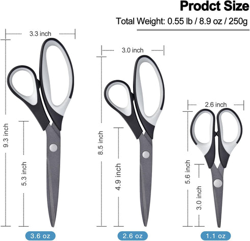 Craft Scissors Set of 3, Sharp All Purpose Scissor, Titanium Teflon Non-Stick Stainless Steel Blade, Rubber Soft Grip Handle,Great for Office Home...