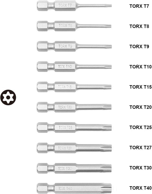 TORX Tamper Resistant Bits, Security TORX Bits (T7-T40), Security Star Bits, 50mm, 10 -Pieces, High Grade S2 Steel...
