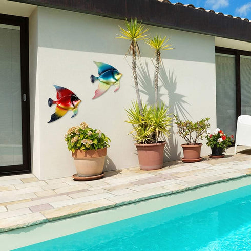 FANWNKI Set of 3 Metal Fish Wall Decor Art Outdoor Indoor Sculpture Hanging for Pool Home Porch Fence Garden...