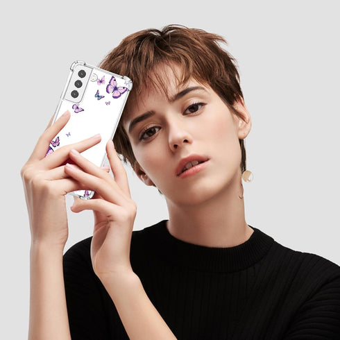 for Samsung Galaxy S21 FE Case,Alluring Purple Butterfly Pattern Anti Yellowing Slim Hard Cases,Hard PC + TPU Bumper Clear Shockproof Protective W...