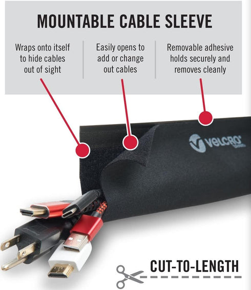 VELCRO Brand VEL-30797-USA Mountable Cable Sleeve | Cord Management Mounts on Walls, Desk or Entertainment Center | Removable Adhesive is Damage F...
