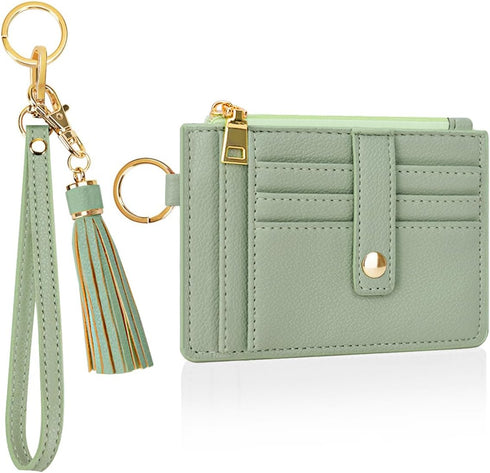 Wristlet Keychain Wallet, Leather Wrist Bracelet Strap Purse, Slim RFID Pocket Credit Card Holder with Lanyard (Card Holder, green)...