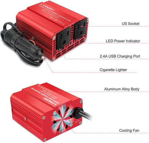 LVYUAN 150W Car Power Inverter 12V to 110V AC Car Charger Adapter with 3.1A Dual USB Car Adapter for Plug Outlet Red......