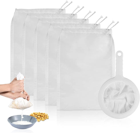 6 Pack - 200 Mesh Fine Mesh Strainer & Nut Milk Bags, Reusable Food Strainer - Food Grade BPA-Free - Ultra Strong Fine Nylon Mesh - Nutmilk, Juice...