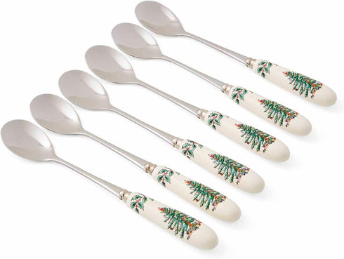 Spode Christmas Tree Teaspoons - Set of 6, Holiday Silverware for Desserts and Beverages, Stainless Steel Flatware with Porcelain Handles, 6-Inch ...