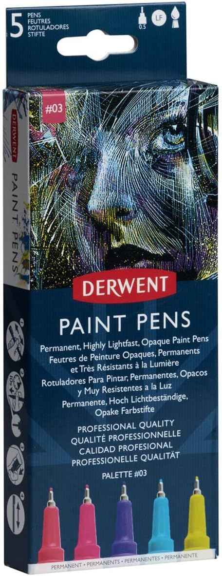 Derwent Paint Pen, Palette #3, 0.5mm Japanese Nib, 5 Pens (ZD2305520)...
