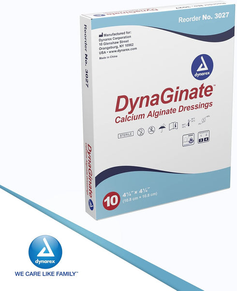 Dynarex DynaGinate Calcium Alginate Wound Dressing - Sterile, Non-Stick Topical Wound Pads - Absorbent Gel Patches for Moderate to High Exuding Cu...