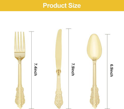 75PCS Gold Plastic Silverware for 25 Guests, Heavy Duty Gold Disposable Utensils Sets, Includes 25 Forks, 25 Spoons, 25 Knives, Elegant Cutlery Pe...