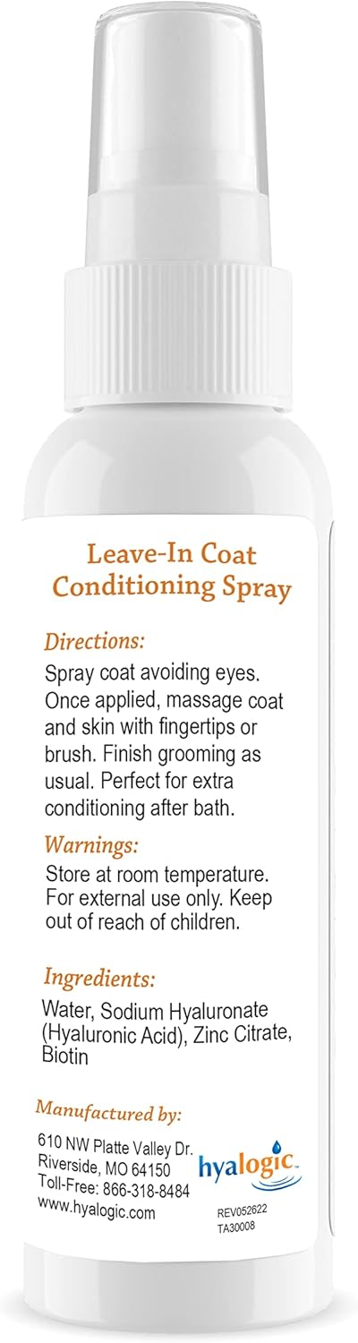 Hyalogic Coat Conditioning Spray 4oz for Dogs, Cats, and Pets - Leave-in Conditioner with Hyaluronic Acid HA, Biotin, and Zinc for Shiny Fur...