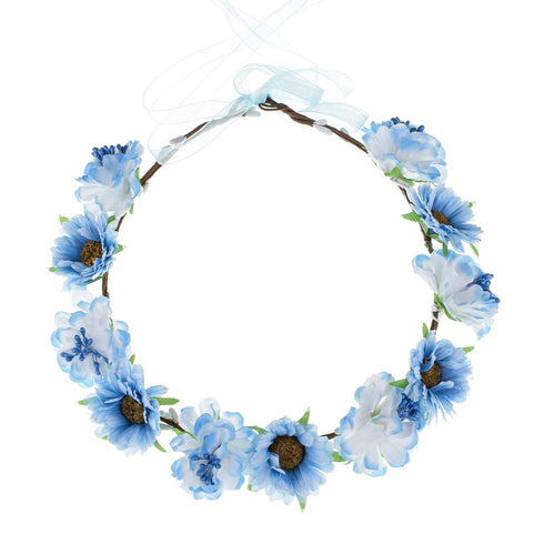 June Bloomy Rose Flower Leave Crown Bridal Halo Headband with Adjustable Ribbon (A Blue)...