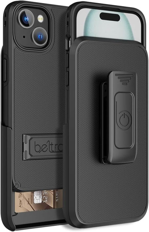 BELTRON Case Holster Combo for iPhone 15, Slim Protective Full Body Grip Case & Swivel Belt Clip 3 in 1 Combo with Kickstand/Card Holder Compatibl...