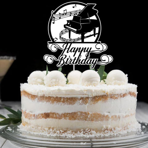 Piano Happy Birthday Cake Topper Musical Music Notes Cake Decoration Music Lover Themed Birthday Party Supplies Musician Cake Pick Black Glitter...