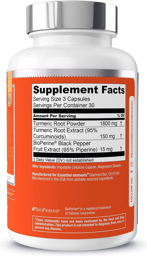 Essential Elements Turmeric Curcumin - Joint, Heart & Brain Support - with Bioperine for Increased Absorption 1950 mg - 90 Capsules...