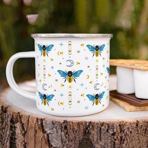 Celestial Bee Pattern Enamel Camping Coffee Mug, Honeycomb Moon Stars Gift Cup for Friend Coworker Women (12oz)...