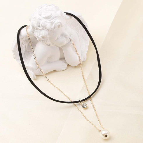 Layered Crystal Leather Choker Necklace Gold Pearl Pendant Necklace Boho Suede Collar Necklace Punk Black Chain Necklace Jewelry for Women...