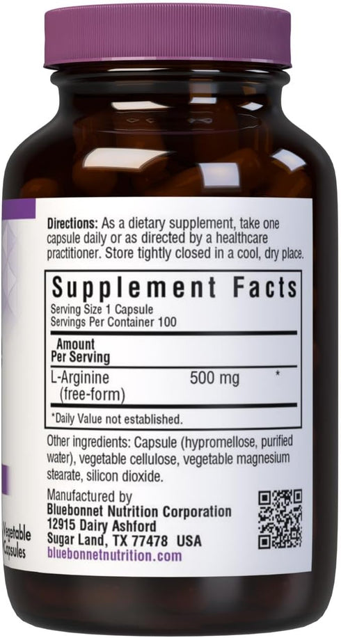 Bluebonnet Nutrition L-Arginine 500mg, Free-Form Amino Acid, Nitric Oxide Precursor*, Soy-Free, Gluten-Free, Non-GMO, Kosher Certified, Vegan, 100...