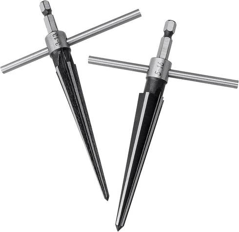 2Pcs Bridge Pin Hole Reamer, 3-13mm(1/8''-1/2'') & 5-16mm(½-5/8") T Handle Taper Reamer Set, 6 Fluted Chamfer Reaming Tool, Bridge Pin Hole Handle...