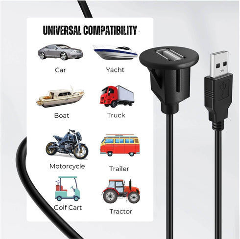 TNP USB Flush Mount Cable w/Buckle- Dashboard Panel Dash Mount 1 Port USB Socket Plug Jack Connector Extension Wire Cord Water Resistant Male to F...