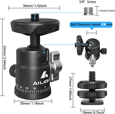 Mini Ball Head, Panoramic Tripod Head DSLR Camera Hot Shoe Mount + 1/4 3/8 Screw, 360° Rotatable Tripod Ball Head Photograph Accessories for Camer...