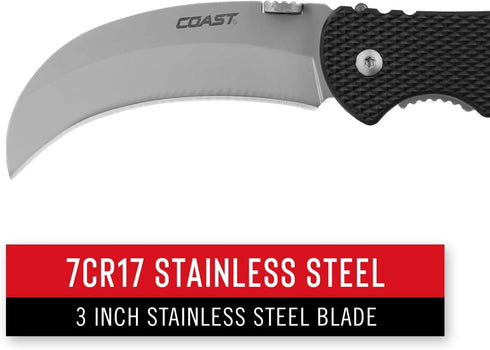 Coast - 21627 COAST DX300 Double Lock Folding Knife with 3" Hooked Stainless Steel Blade,Black...