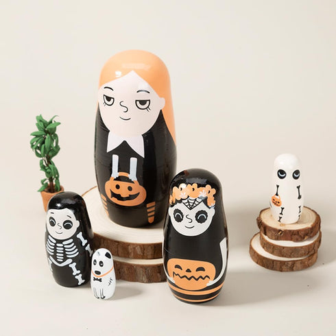 Halloween Themed Girls Nesting Dolls Skeleton Pumpkin Ghost Puppy Wooden Russian Nesting Doll Matryoshka Kid Stacking Toy Gift Dolls for Home Haun...