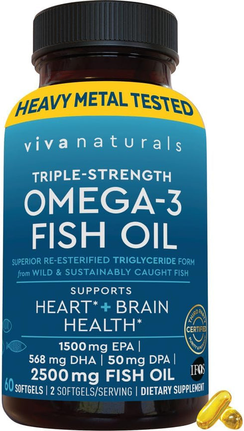 Viva Naturals Triple Strength Omega 3 Fish Oil Supplement - 2500 mg Fish Oil with Re-Esterified Omega 3 Fatty Acids Including EPA, DHA DPA - 60 Pe...