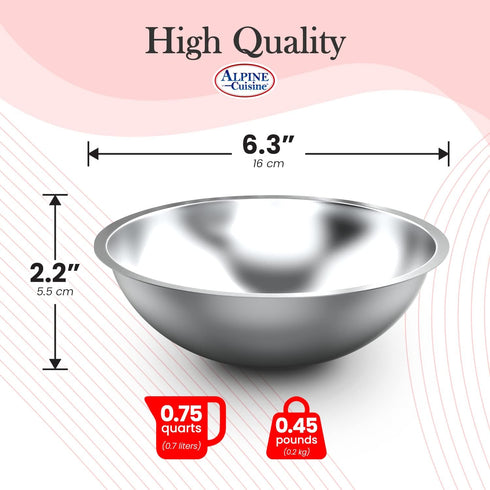 Alpine Cuisine 0.75-Quart Stainless Steel Kitchen Mixing Bowls, Salad Bowls Heavy Duty Deeper Edge, Dishwasher Safe Storage Bowls, Premium Polishe...