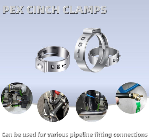 60 Pack 1/2 Inch Pex Cinch Clamp Rings, Stainless Steel PEX Crimp Ring, Single Ear Hose Clamps for PEX Tubing Pipe Fitting Connections...
