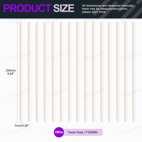 Swpeet 15Pcs Milkly Plastic Rods Assortment Kit, Diameter 7mm Length 250mm Material ABS Round Stick Round Solid Bar DIY Model for DIY Toys Buildin...