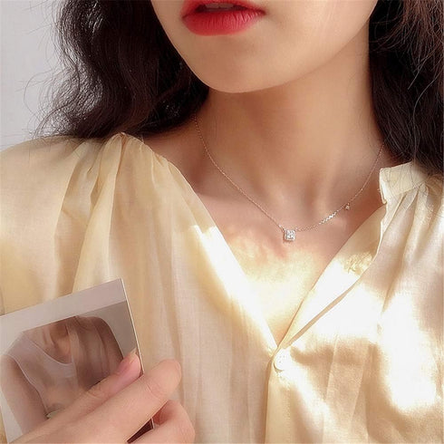 Dtja Sterling Silver Square Crystal Choker Necklace for Women Girls Cushion Shape Cubic Zirconia Small Delicate Princess Cut Pendant Necklace Adju...