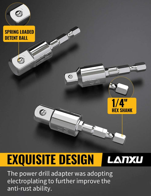 Tool Gift for Man, 3-Piece Power Drill Sockets Adapter Sets, 360°Rotatable Hex Shank Impact Driver Socket Adapter, Socket to Drill Adapter 1/4" 3/...